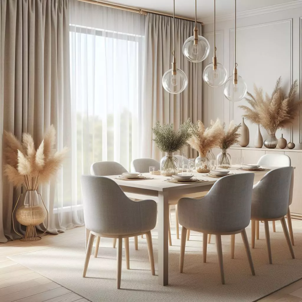 "Dining room showcasing chic linen curtains, creating a light and airy atmosphere. The soft and durable fabric adds warmth and sophistication to the space."