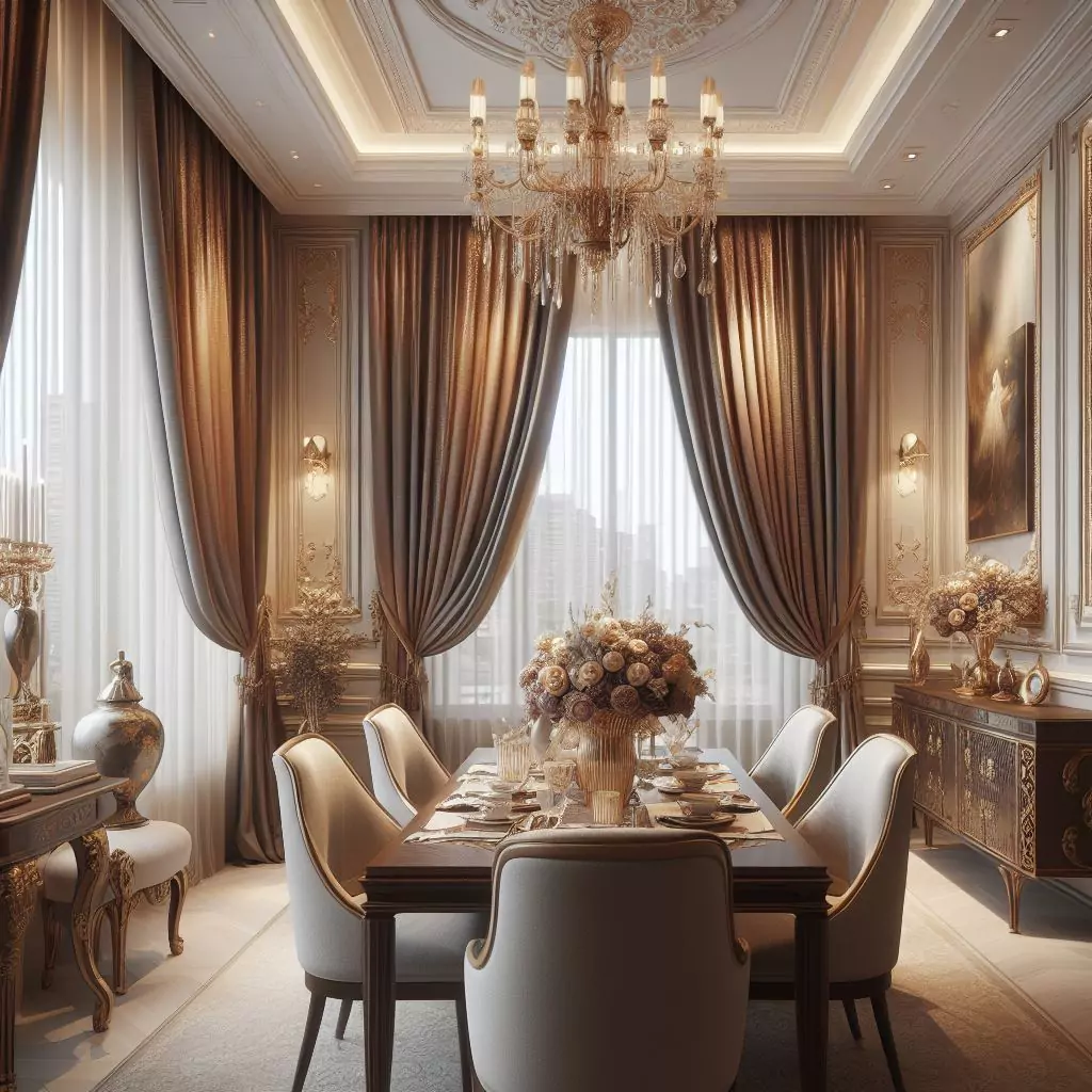 "Dining room featuring sumptuous silk curtains, exuding elegance and sophistication with their soft texture, rich colors, and subtle sheen."
