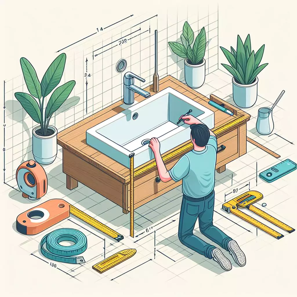 Image showcasing a person measuring the existing sink's width, depth, and height for reference.