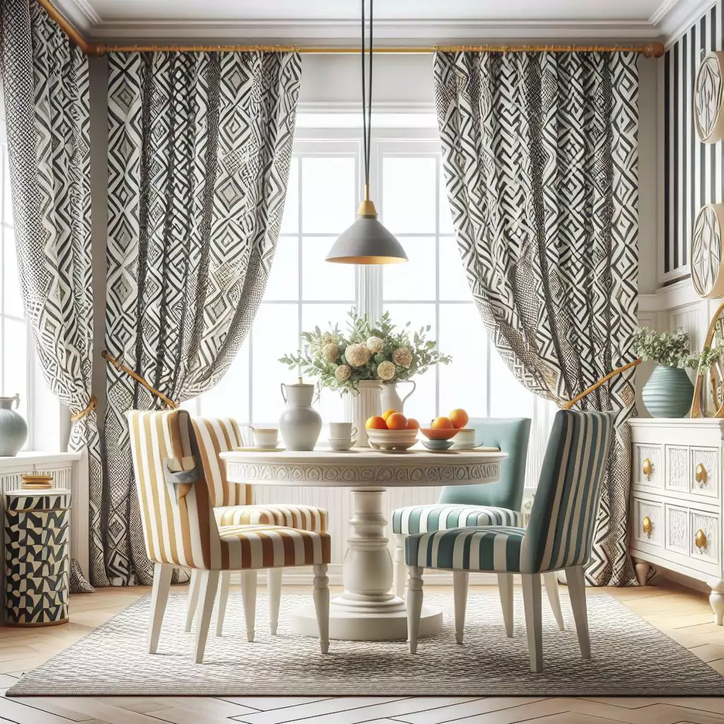  "Dining room featuring character with patterned curtains in bold florals, stripes, or geometric shapes for a playful and eclectic look. Neutral curtain rod lets the pattern shine."