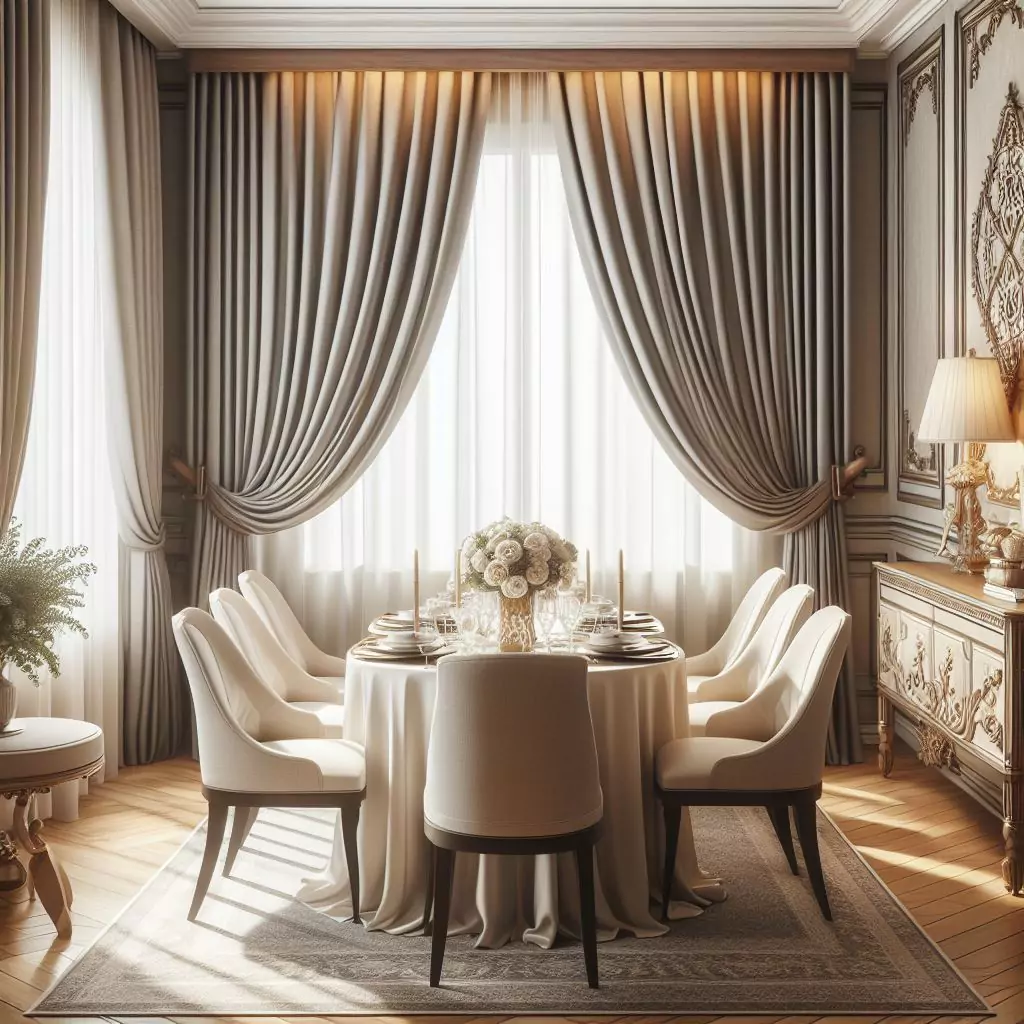 "Dining room adorned with elegant drapes in silk, velvet, and taffeta, offering a luxurious feel. Thermal lining regulates temperature, and neutral shades create a calm atmosphere."