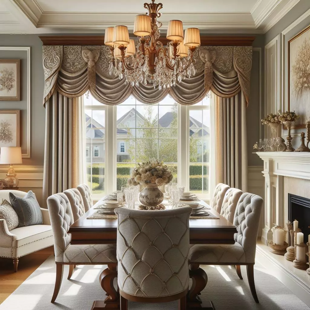 "Dining room featuring valances, mounted above the window as purely decorative additions that enhance sophistication and complement the overall decor of the room."