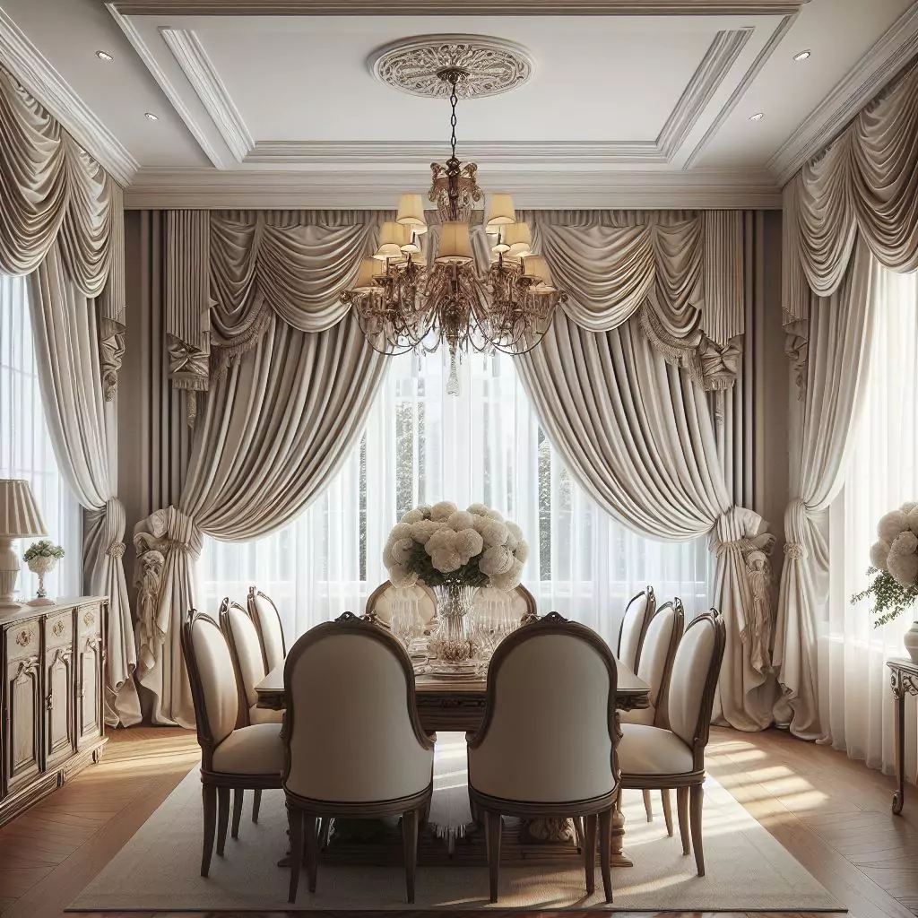"Dining room adorned with swag curtains, exuding timeless elegance. The gathered and draped design adds a sophisticated and stylish touch to the space."