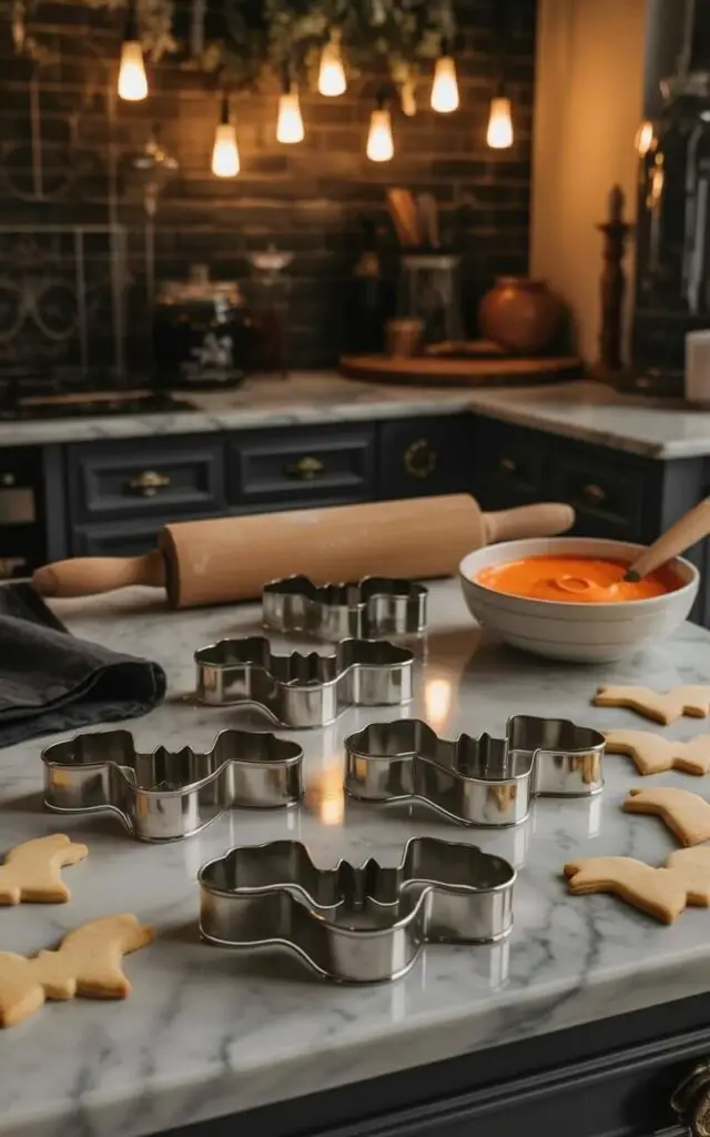 Bat-shaped cookie cutters made of polished stainless steel are arranged in a symmetrical pattern on a smooth, cool gray marble countertop. A wooden rolling pin rests parallel to the cutters, accompanied by a neatly folded black linen napkin and a white ceramic bowl filled with bright orange icing. A few finished bat-shaped cookies, lightly dusted with granulated sugar, are placed beside the cutters, displaying slightly uneven edges. Soft pendant lights hang from the ceiling, casting gentle reflections on the metal cutters and marble surface of the baking station.