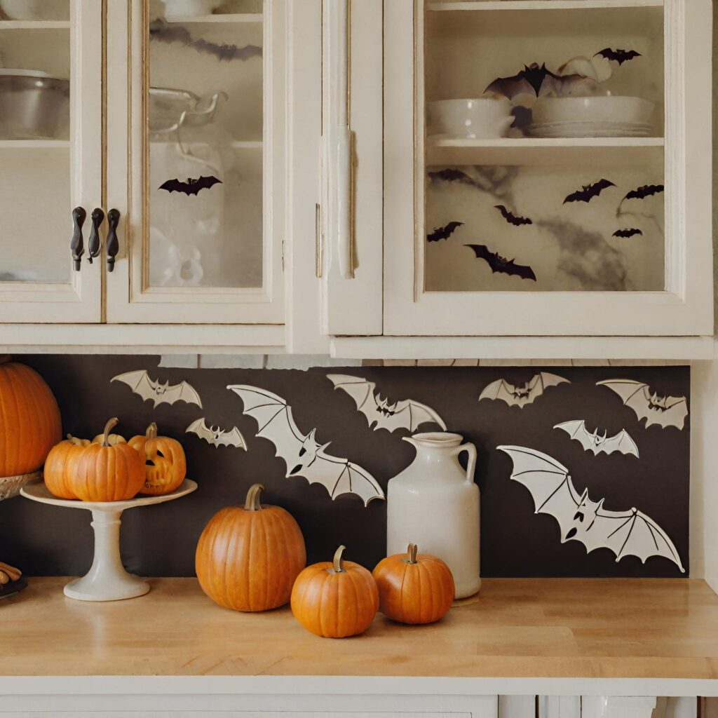Spooky bat decals strategically placed on Halloween kitchen cabinets, creating a haunting ambiance and enhancing the overall festive decor.