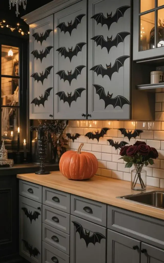Black bat decals, depicting outstretched wings and pointed ears, are arranged symmetrically across matte white kitchen cabinets. The decals appear to gracefully curve upwards as if in flight, creating a sense of motion. A single, round orange pumpkin rests on the light-colored countertop next to a stainless steel sink with a slender black candle positioned on the nearby windowsill. A small, clear glass vase filled with deep burgundy roses sits on an adjacent shelf, subtly adding to the Halloween ambiance within the clean kitchen.