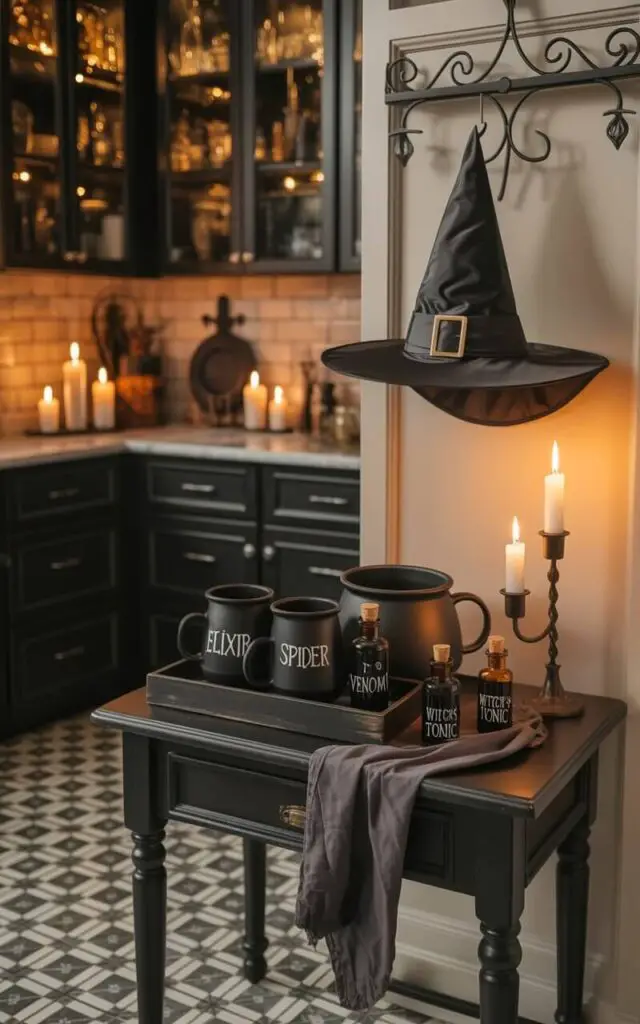 A compact Witches’ Brew Station sits in the corner of a kitchen, featuring a dark gray cloth draped over a rectangular black wooden tabletop. Three cauldron-shaped mugs rest neatly on a black wooden tray alongside three small, cylindrical glass potion bottles labeled "Elixir," "Spider Venom," and "Witch’s Tonic." A black witch’s hat with a wide, downward-sloping brim hangs from a decorative wrought iron hook mounted on the wall directly above the tabletop. LED candles, strategically positioned on the tabletop, illuminate a patterned tile floor featuring repeating diamond shapes in gray and white tones.