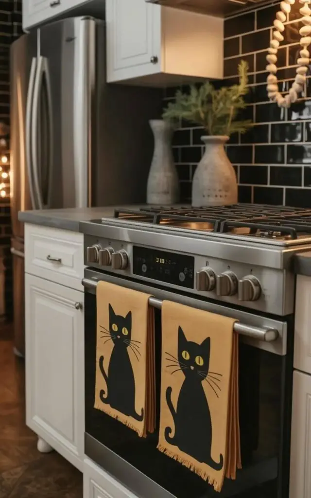 Two folded linen napkins with black cat silhouettes featuring arched backs and glowing yellow eyes are neatly placed on the oven handle. A coordinating dish towel with a similar minimalist black cat print hangs from the oven door, its edges slightly frayed. The kitchen features white cabinetry, a gray concrete countertop, and black subway tile backsplash. A stainless steel refrigerator stands against one wall, with a simple ceramic vase containing a few sprigs of evergreen positioned on the countertop.