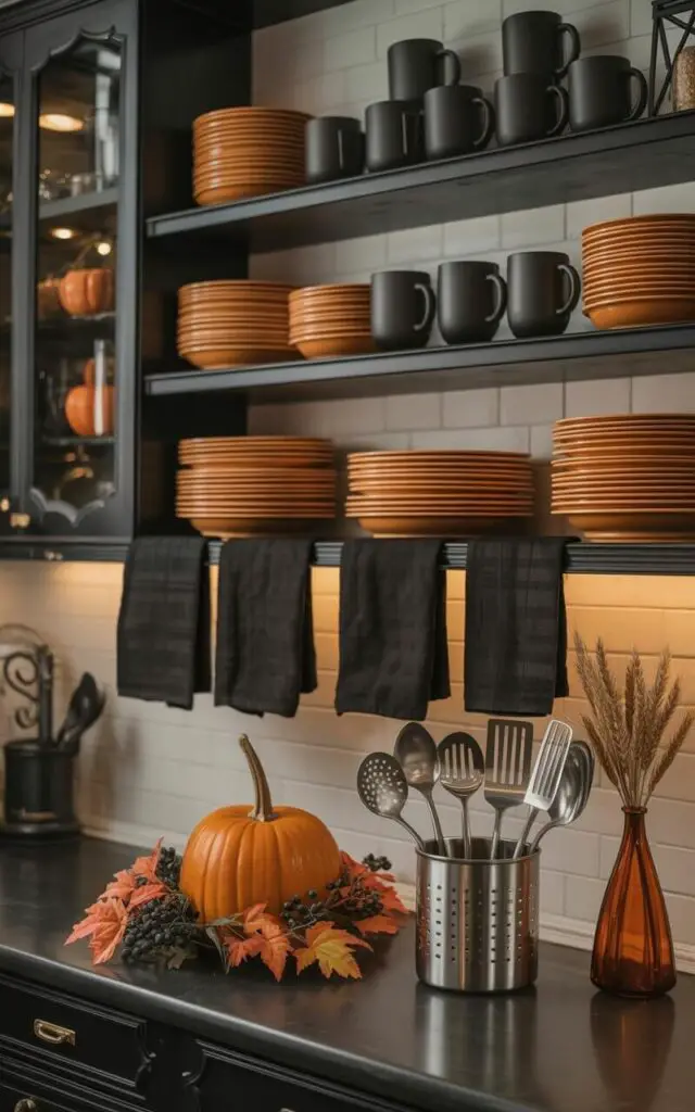 A modern kitchen features open shelves displaying neatly stacked orange ceramic plates alongside matte black porcelain mugs. Folded black linen kitchen towels are arranged next to a small pumpkin centerpiece with artificial leaves and berries on the countertop. A stainless steel utensil holder sits on the countertop, containing silver-colored cooking spoons and spatulas, while a small orange glass vase holds a single sprig of dried wheat. The kitchen’s walls are painted a neutral off-white, and recessed lighting illuminates the scene from above, creating a clean and coordinated Halloween aesthetic.