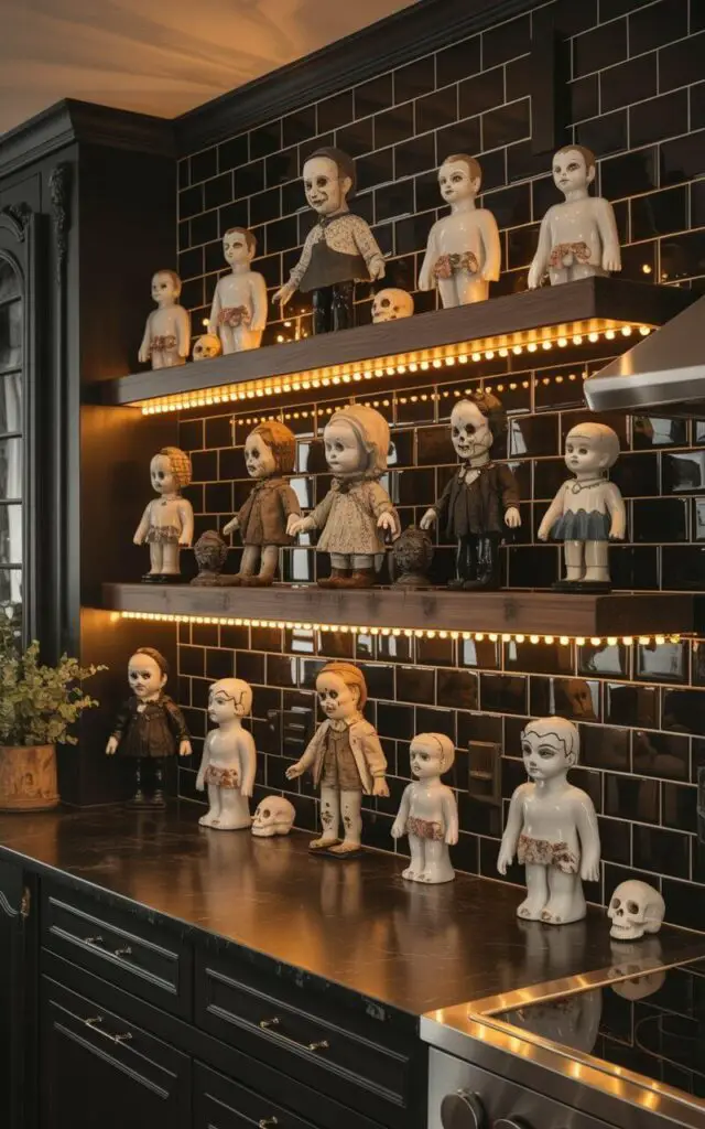 A sleek, modern kitchen features a collection of antique porcelain figurines, vintage haunted dolls, and small skulls artfully arranged on three floating shelves made of dark wood. Each porcelain figurine depicts a different unsettling character, while the dolls have cracked porcelain faces and faded fabric clothing. A single string of warm white LED lights is installed under each shelf, casting a soft glow on the objects and creating elongated shadows on the walls. The kitchen has dark gray subway tile walls, a black granite countertop, and brushed stainless steel appliances, contributing to a subdued and eerie atmosphere.
