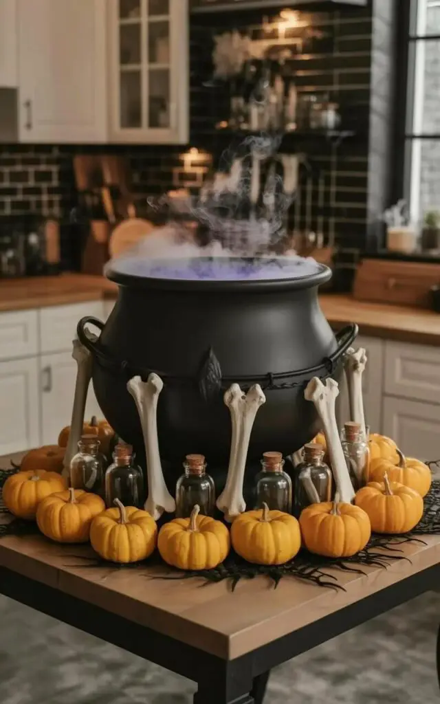 A matte black cauldron sits centered on a rectangular kitchen table, partially filled with a dense, gray artificial smoke that drifts upward. Small, bleached animal bones and several clear glass potion vials with cork stoppers are arranged around the base of the cauldron, alongside a ring of miniature, uncarved pumpkins. The cauldron’s rim is subtly illuminated by a faint, even purple light. The table is positioned in a modern kitchen with clean white cabinetry and a polished concrete floor.