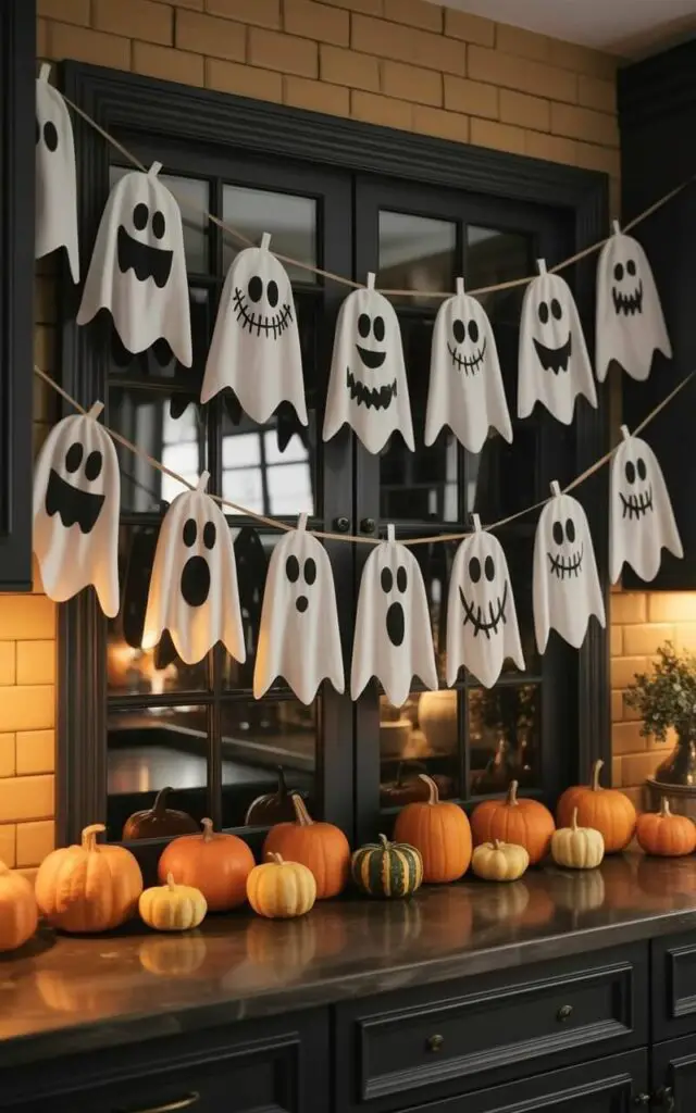 A string of fabric ghosts hangs across a kitchen window, each approximately six inches in height and shaped like a simple teardrop. The ghosts are made of white muslin and feature hand-drawn black eyes and mouths displaying various expressions, including wide-eyed surprise and mischievous grins. Miniature pumpkins, each around three inches in diameter and varying shades of orange, are arranged neatly on the windowsill below the garland. Sunlight streams through the window, illuminating the ghosts and pumpkins while casting subtle shadows on the pale yellow kitchen walls.