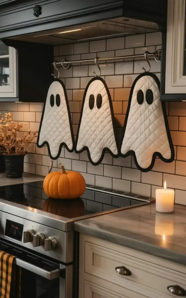 Three ghost-shaped pot holders, each crafted from white quilted fabric, hang precisely from stainless steel hooks mounted on a light gray tiled backsplash. Each pot holder features two softly embroidered black dots representing eyes, and their edges are gently curved to resemble floating ghosts. A small, round orange pumpkin sits on the black stovetop of a stainless steel oven, and a single white candle with a flickering flame rests on the counter nearby. The kitchen features white cabinetry with brushed nickel hardware and a pale gray hardwood floor with a subtle grain pattern.