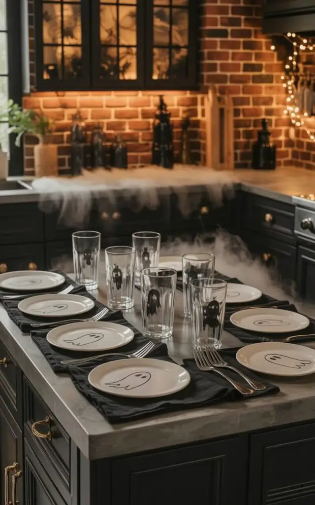 A kitchen island constructed from dark gray concrete features a sparse arrangement of tableware. Six white ceramic plates, each embossed with a simple ghost silhouette, are evenly spaced across the surface, alongside six transparent glass tumblers etched with barely visible spectral figures. Silver cutlery rests atop black linen napkins folded into neat triangles, arranged symmetrically between the plates and glasses. A fine mist hovers just above the island's surface, subtly obscuring the textures of the concrete and linen, creating a diffused ambient glow.