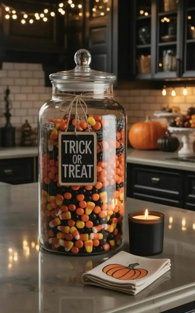 A large glass candy jar filled with orange, black, and white candies sits on a polished kitchen countertop. Layers of candy, including wrapped chocolates, gummy candies, and candy corn, are neatly arranged within the jar. A small chalkboard tag with the words "Trick or Treat" hangs from the jar's lid with a length of natural twine. A black, unscented candle and a folded linen napkin featuring a pumpkin design rest beside the jar on the countertop, with warm light reflecting off the polished surface.