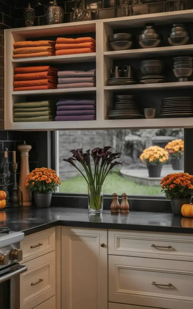 A modern kitchen features white cabinetry with clean, straight lines and black quartz countertops. Neatly folded orange, purple, and green linens are stacked on open shelves alongside matte black dishware arranged in precise, geometric patterns. A single vase containing dark purple calla lilies sits on the countertop, centered between two small pumpkin-shaped salt and pepper shakers. A bright window overlooks an exterior garden featuring potted orange mums and a small patch of green grass, illuminated by soft, diffused sunlight.