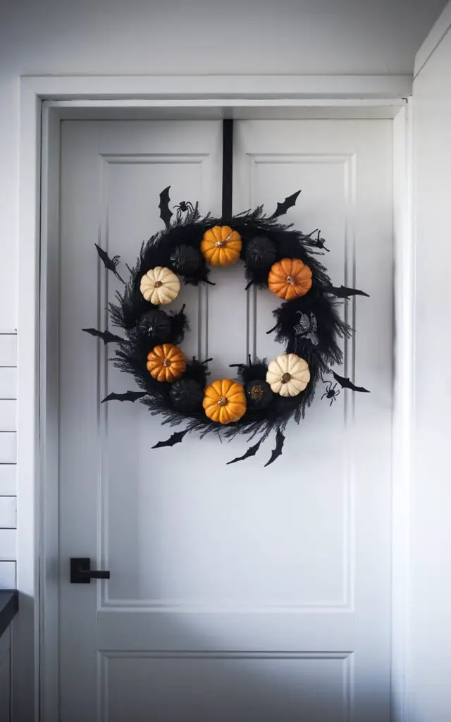 A minimalist kitchen with a white door adorned with a dark, textured wreath. The wreath is decorated with miniature pumpkins, black feathers, tiny spiders, and faux bats, arranged in perfect circular balance. The matte black base of the wreath contrasts elegantly against the white door, and a soft ribbon allows it to hang at eye level. The lighting is subdued, letting the wreath's details subtly shimmer. The minimalist setting—bare walls and clean lines—frames the wreath as a striking focal point, setting an inviting Halloween tone for anyone entering the kitchen.