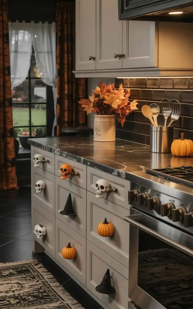 A kitchen features sleek white cabinetry with dark gray marble countertops and brushed stainless steel appliances. Custom cabinet knobs shaped like miniature skulls, pointed witches’ hats, and small orange pumpkins adorn each drawer and door, reflecting subtle ambient light. A ceramic canister filled with artificial autumn leaves sits on the countertop next to a stainless steel utensil holder containing wooden spoons and spatulas. The room is illuminated by recessed lighting, creating soft shadows and highlighting the textures of the materials while a window with sheer white curtains reveals a glimpse of a neatly manicured lawn outside.