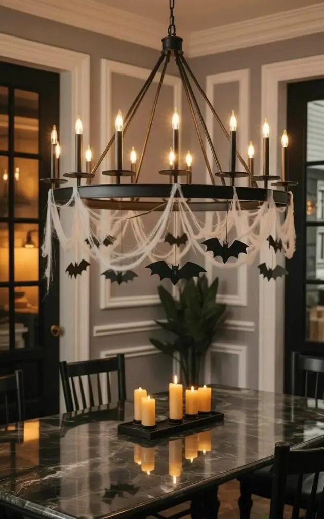 A wrought-iron chandelier with a circular frame hangs directly above a marble dining table. Delicate faux cobwebs drape from the chandelier’s arms, alongside small matte paper bats suspended at varying heights, and slender black taper candles positioned in each fixture, emitting a faint golden light. The marble tabletop reflects the chandelier's light, showcasing subtle variations in its polished surface and revealing a faint pattern of gray veins. Neutral-toned walls with clean lines surround the dining area, with a single, dark green potted plant situated in the background near a set of double doors.