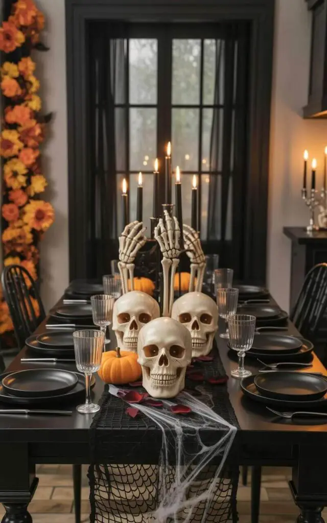 A sleek black rectangular kitchen table sits centered in a room with matte black plates and clear glass goblets arranged neatly. A black runner drapes across the table's surface, adorned with delicate faux cobwebs and several realistic skulls positioned in the center. Skeletal hands emerge from beneath the skulls, holding tall, slender black candles flickering within silver candle holders, while a small, uncarved pumpkin and a scattering of dark red rose petals complete the arrangement. The surrounding walls are painted a neutral gray, and diffused light filters through a window, highlighting the eerie yet elegant composition.