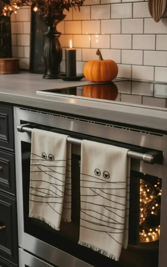 Two white kitchen towels with subtle bandage-like stitching and tiny embroidered eyes resembling mummies are draped neatly across a stainless steel oven handle. The towels are made of a soft, absorbent fabric and feature slightly frayed edges. A single black candle sits on the countertop next to a miniature orange pumpkin with a carved stem. The scene takes place in a minimalist kitchen with white subway tile walls and smooth, light gray countertops.