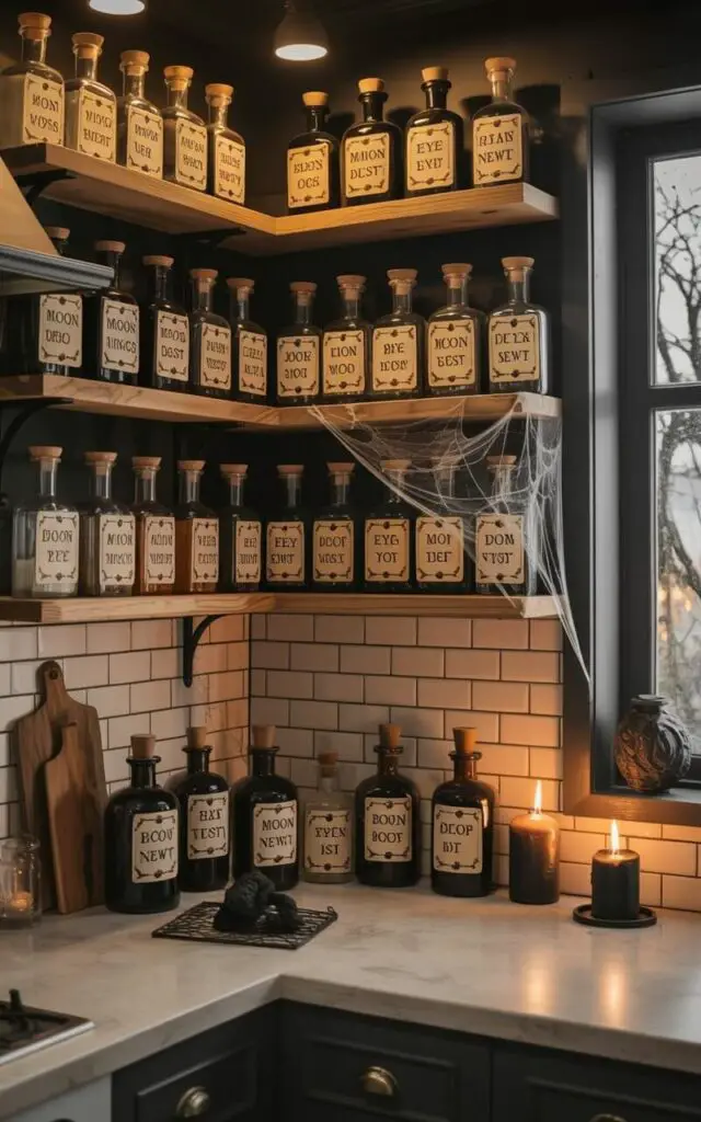 A kitchen features open wooden shelves displaying an assortment of glass potion bottles with varying shapes and sizes. Each bottle has an aged parchment tag affixed to it, labeled with text such as “Bat Wings,” “Moon Dust,” and “Eye of Newt.” A delicate cobweb stretches across one corner of the shelves, and a single black candle sits on the countertop, its flame flickering. The kitchen has white subway tile backsplash, a dark gray concrete floor, and a single window offering a view of a bare, leafless tree branch outside.