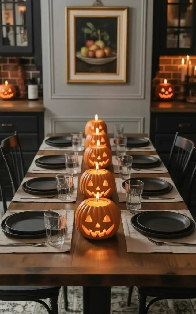 A rectangular wooden kitchen table with four dark metal legs sits centered in a room. A symmetrical row of five carved Jack-o’-Lantern candle holders extends down the table’s center, each containing a lit candle that emits a soft orange glow. Neutral linen placemats cover the table, each holding a simple black ceramic plate and a clear glass tumbler. A pale gray painted wall is visible in the background, with a single framed artwork depicting a still life of fruit hanging above the table.