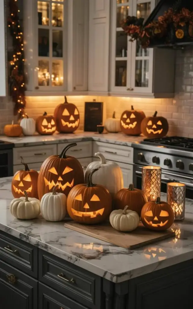 A marble kitchen countertop holds an assortment of pumpkins in varying sizes, shapes, and textures. Several painted white pumpkins sit alongside three intricately carved jack-o’-lanterns with soft golden light emanating from their openings, and a few small, natural orange pumpkins rest beside brushed metallic candle holders. A single rectangular wooden cutting board is positioned near the center of the countertop, displaying a trio of pumpkins arranged in a triangular formation. The kitchen features white cabinetry with brushed nickel hardware and stainless steel appliances set against a backdrop of pale gray tile flooring.