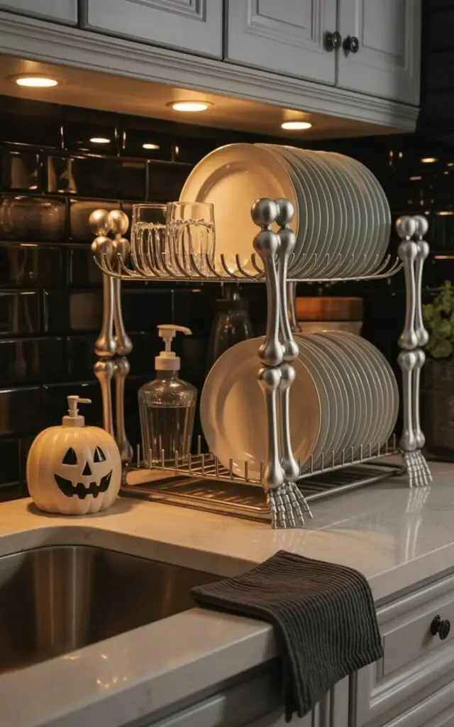 A silver skeleton dish drying rack with articulated bone-shaped arms supports a stack of clean white plates and sparkling glassware. Each bone segment of the rack has a brushed metal finish, reflecting the warm glow from recessed lighting beneath a light gray kitchen cabinet. A small, round jack-o’-lantern shaped soap dispenser sits on the countertop beside a folded black dish towel with a subtle ribbed texture. The countertop is a light-colored quartz with a matte finish, and the sink below is stainless steel, positioned within a clean and uncluttered kitchen area.