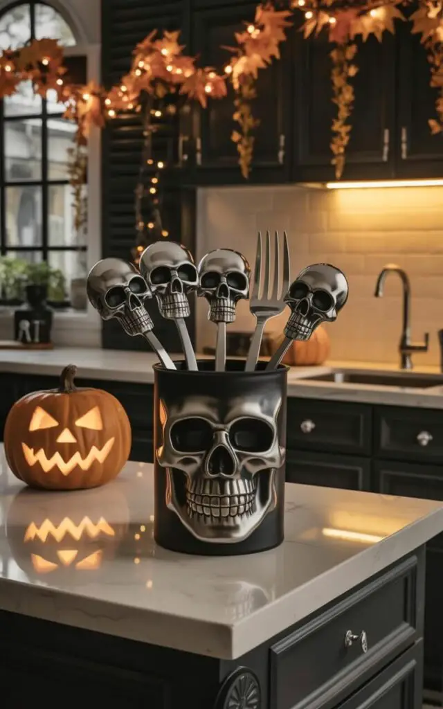 A matte black utensil holder sits on a clean white countertop, containing several silver kitchen utensils. Each utensil features a sculpted skull handle with hollow eye sockets and subtle detailing of teeth. A faintly glowing jack-o’-lantern with a carved triangular mouth and eyes rests in the background, providing a warm, ambient light. The countertop extends into the distance, revealing a glimpse of a simple white kitchen wall and a stainless steel sink positioned on the far side of the space.