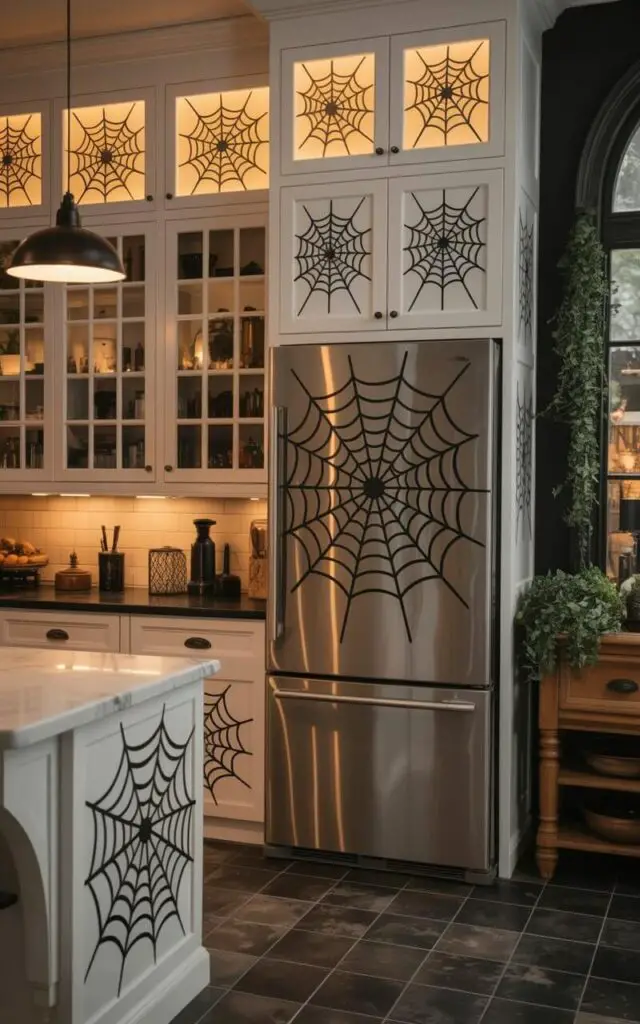 The kitchen features white shaker-style cabinetry with black vinyl spiderweb decals applied to the flat surfaces of the doors and surrounding trim. Each spiderweb design consists of evenly spaced, symmetrical lines radiating from a central point, extending across the cabinet facades and window panes. A stainless steel refrigerator stands against one wall, also adorned with a large, centered spiderweb decal. A light gray tile floor extends throughout the room, with a simple black pendant light fixture hanging above a white marble-topped kitchen island.
