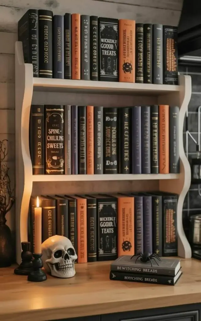 A wooden kitchen shelf, painted matte white, displays a collection of Halloween-themed recipe books arranged by color. Books with embossed titles like "Spine-Chilling Sweets" and "Wickedly Good Treats" are organized in blocks of black, orange, and deep purple, with a small ceramic skull bookend holding several volumes together. A single, unlit beeswax candle sits beside the bookend, creating faint shadows on the shelf’s surface, and a small, black plastic spider rests on top of a book titled "Bewitching Breads." The shelf is mounted on a plain, light-gray kitchen wall, with a subtle texture mimicking painted drywall visible in the background.