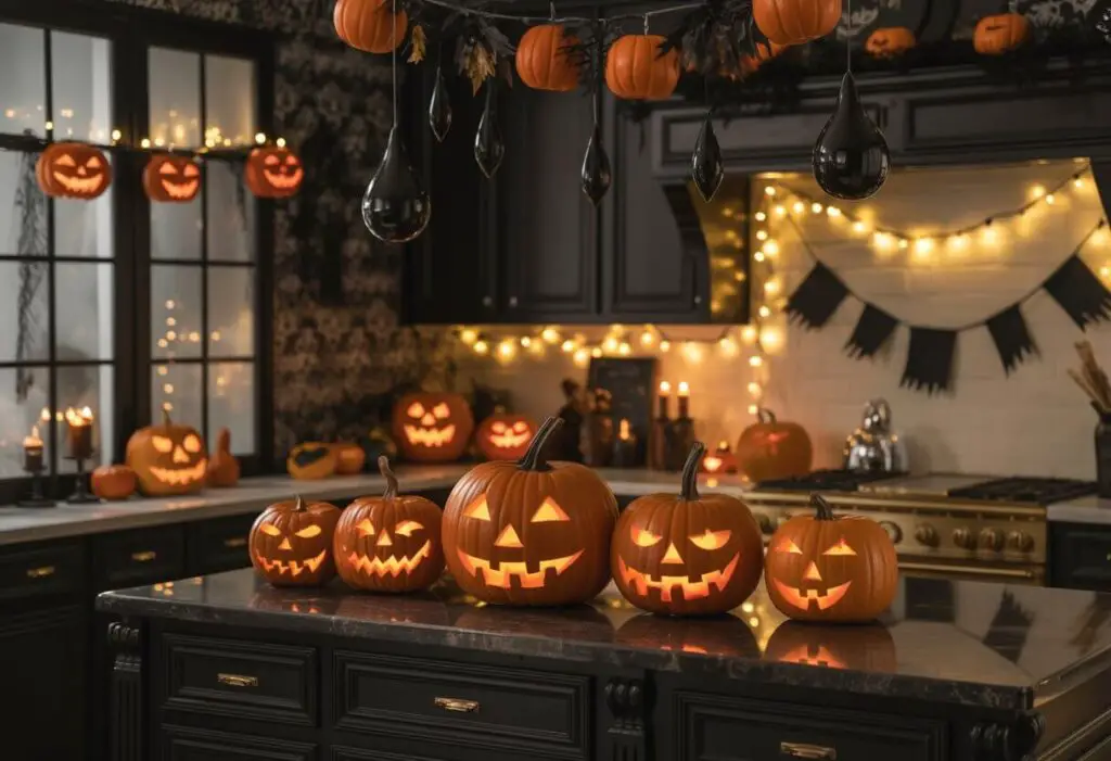 A photograph of a warmly lit kitchen interior, decorated for Halloween. Black cabinetry and a dark granite countertop display a collection of intricately carved jack-o'-lanterns, their flickering candlelight casting dancing shadows across the room.  Pumpkin decorations and black teardrop ornaments hang suspended from the ceiling, and the walls are adorned with dark, ornate Halloween wallpaper while warm string lights softly illuminate the space behind a classic range. The scene evokes a cozy, atmospheric feeling with the soft glow of candles and gentle natural light filtering through a nearby window.