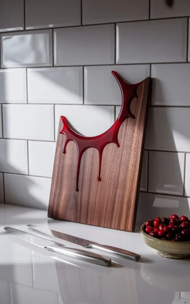 A minimalist photograph of a sleek modern kitchen countertop featuring an elegant Vampire Bite Cutting Board as the centerpiece. The cutting board displays a smooth, polished walnut surface with two precisely engraved crescent-shaped bite marks filled with glossy deep crimson resin that appears to drip naturally down the wood grain. The board leans gracefully against a pristine white subway tile backsplash, flanked by a professional stainless steel knife set and a small ceramic bowl filled with vibrant red cranberries. Soft, directional lighting from above creates subtle shadows while making the red resin accents gleam like liquid rubies, perfectly balancing Halloween eeriness with sophisticated culinary design.