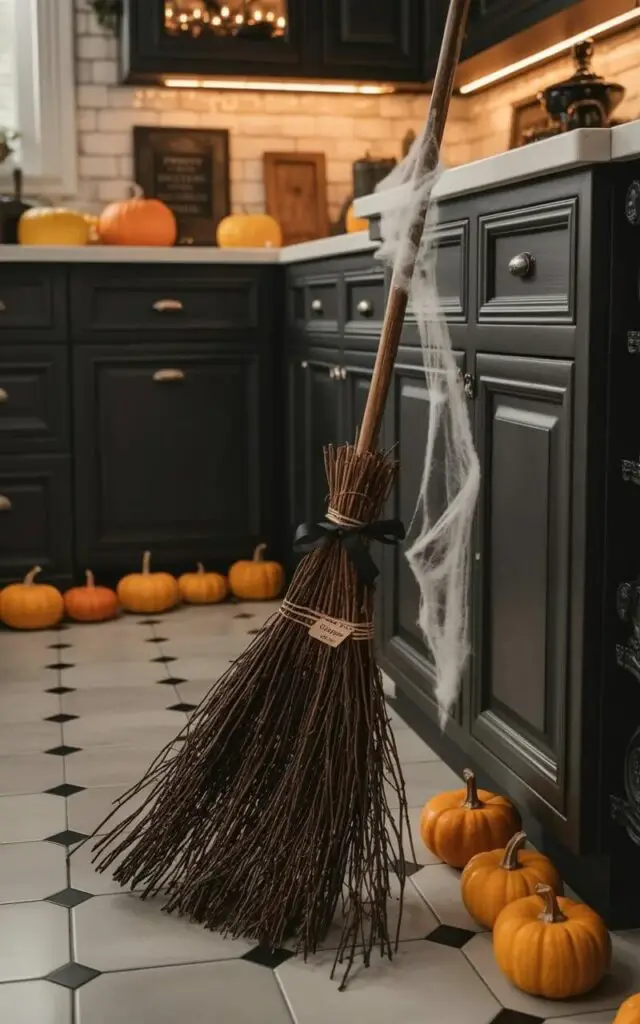 A rustic witch’s broom with tightly bound bristles rests against a corner of a kitchen. The broom's handle is secured with a black ribbon, and a small tag attached to the ribbon reads "Property of Witch Hazel". Tiny pumpkins are arranged in a line along the kitchen floor, and a thin strand of cobweb is draped loosely around the broom's handle, catching the light. The kitchen features smooth white walls, matte black hardware on the cabinets, and a pale gray tile floor, highlighting the broom as a focal point.
