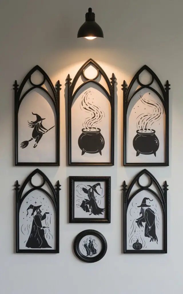 A photo of a minimalist Halloween kitchen wall adorned with DIY witchy artwork. The wall is well decorated with framed black-and-white sketches of witches on broomsticks, bubbling cauldrons, and swirling potions. Each piece is enclosed in a matte black gothic-style frame that contrasts sharply with the neutral white wall. A single overhead light casts a subtle glow, accentuating the artwork’s mysterious tone. The overall design balances eerie and elegant aesthetics, giving the impression of a curated Halloween gallery that fits seamlessly within the minimalist kitchen’s refined decor.