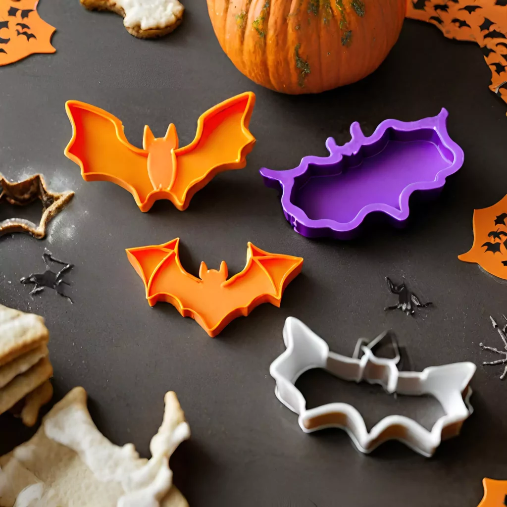 Bat-shaped cookie cutters in a Halloween kitchen