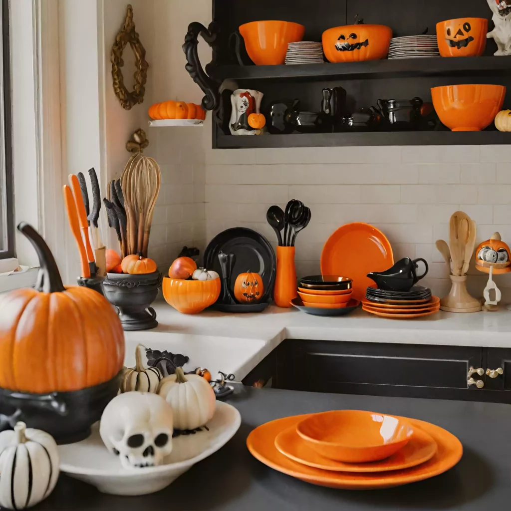 Striking black and orange accents in a Halloween kitchen, from mugs on shelves to vibrant plates and black kitchen towels for a cohesive and visually captivating look.