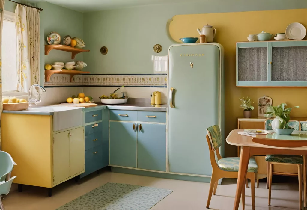 Kitchen with cool retro colors, reminiscent of the mid-century era, adding a refreshing vintage touch to cabinets, walls, and accessories.