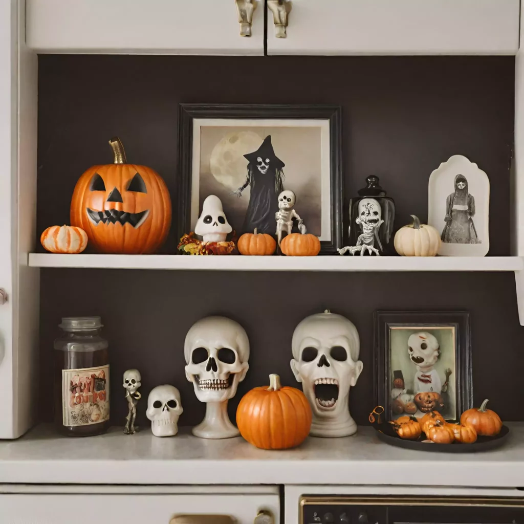 Eerie figurines and haunted dolls strategically displayed in a Halloween kitchen, adding an extra touch of spookiness to the festive ambiance.