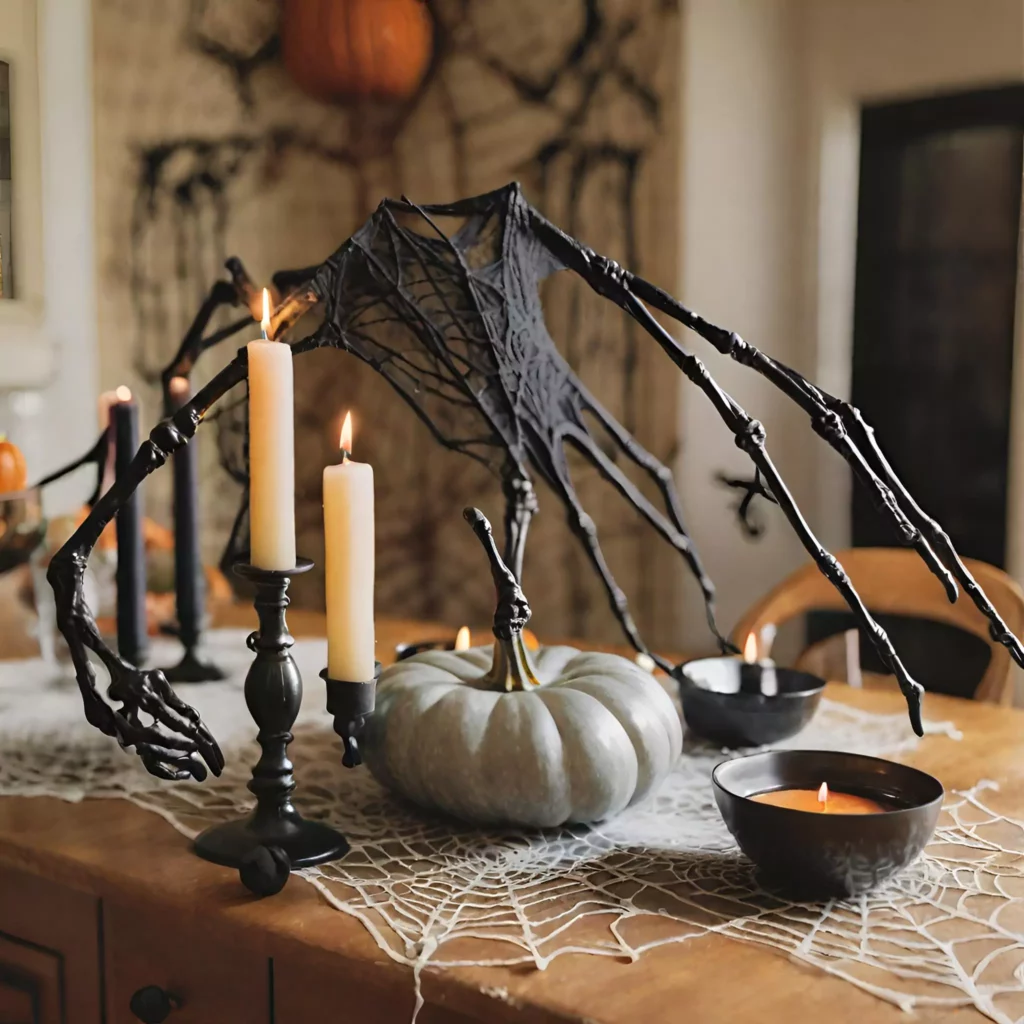 Dark and spooky centerpiece featuring faux cobwebs, skeletal hands, and black candles for a haunting Halloween kitchen ambiance.
