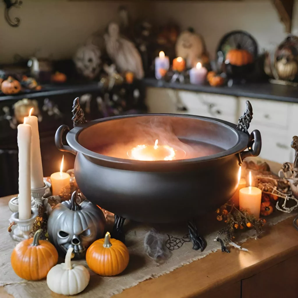 A cauldron centerpiece on a Halloween kitchen table, filled with artificial smoke, LED candles, and spooky trinkets, creating an enchanting and bewitching ambiance for Halloween gatherings.
