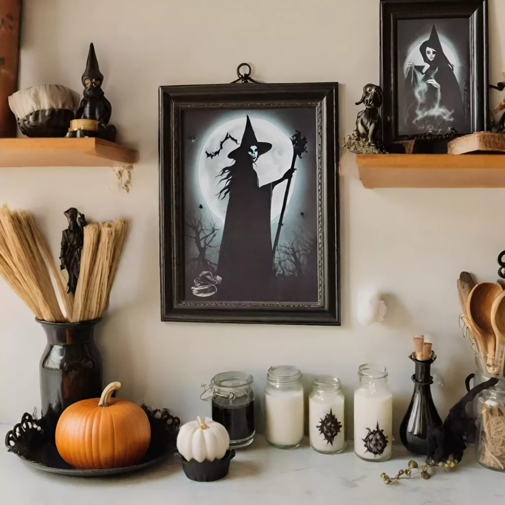 A spooky display of DIY witchy wall art featuring witches on broomsticks, mystical cauldrons, and spellbinding potions framed in dark, gothic frames for a haunting Halloween atmosphere.