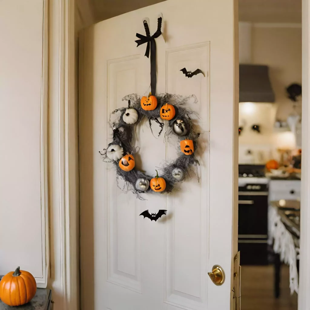 "Halloween wreath adorned with bats, spiders, or miniature pumpkins hanging on the kitchen door, capturing attention and setting a spirited tone for guests entering the festive space.