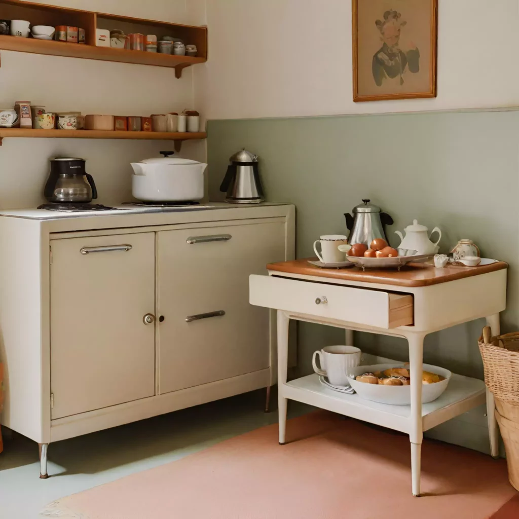 Vintage kitchen with a functional coffee table, blending retro aesthetics and practicality for storage solutions.