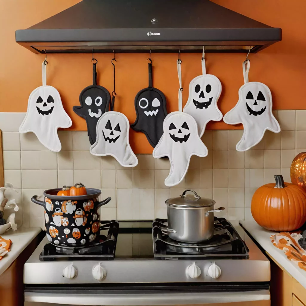 Ghost-shaped pot holders in a Halloween kitchen, hung on hooks near the stove or oven