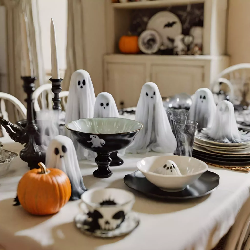Hauntingly beautiful tableware with ghost motifs set on a Halloween kitchen island, creating a bewitching atmosphere for festive gatherings and meals.