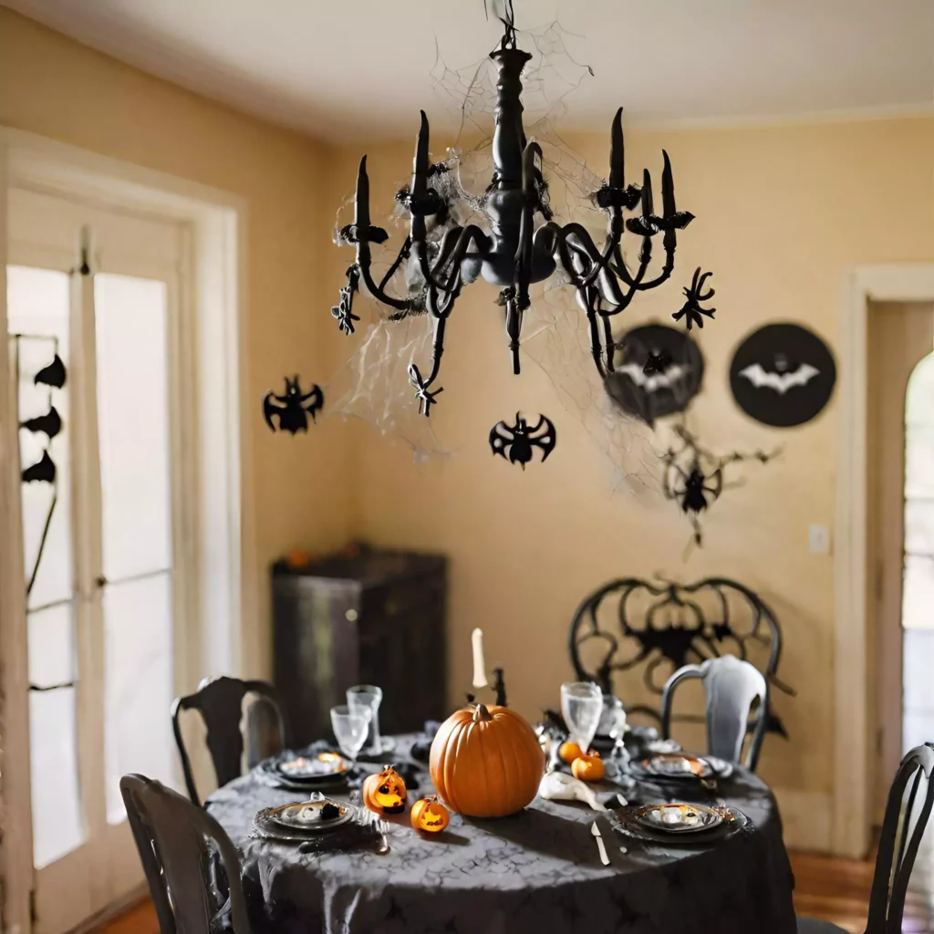 A spooky chandelier above a Halloween kitchen table, adorned with bats or cobwebs, infusing an eerie elegance and creating a bewitching ambiance for the dining space.