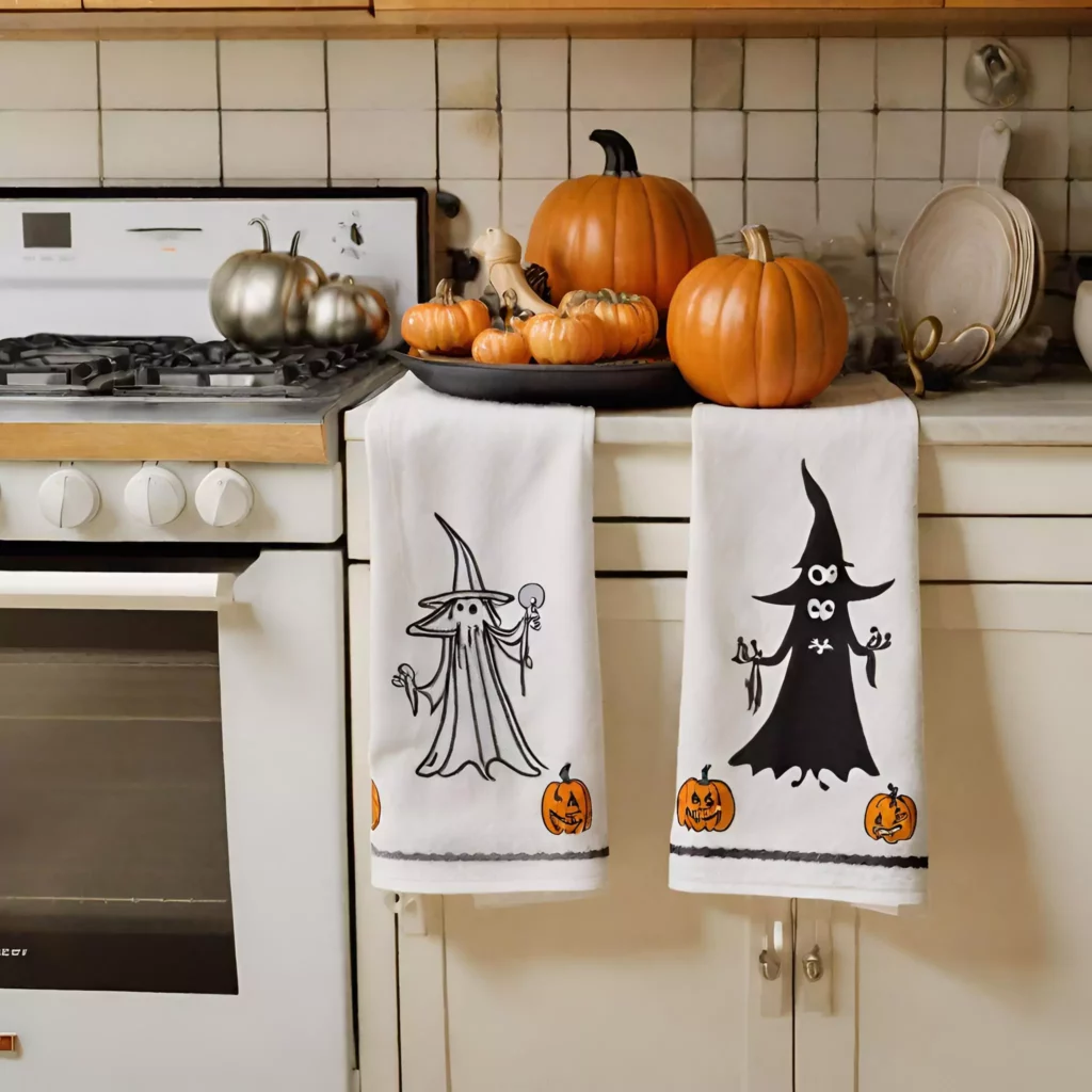 Ghosts, witches, and pumpkins adorn stylish towels, enhancing the kitchen with playful Halloween charm.