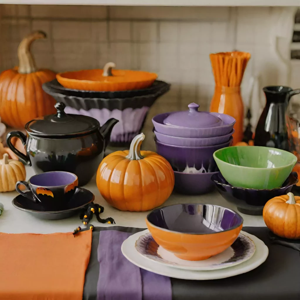 Kitchen adorned with Halloween-inspired colors – black, orange, purple, and green – in linens, dishware, and accessories, creating a festive and spooky vibe.